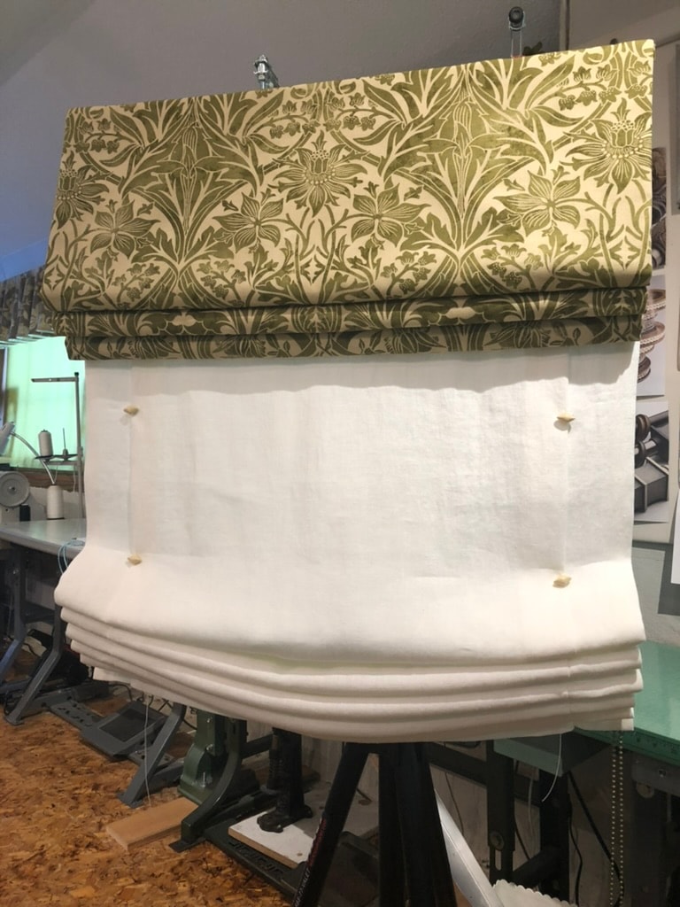 Valance with William Morris fabric, shade of linen with vintage buttons