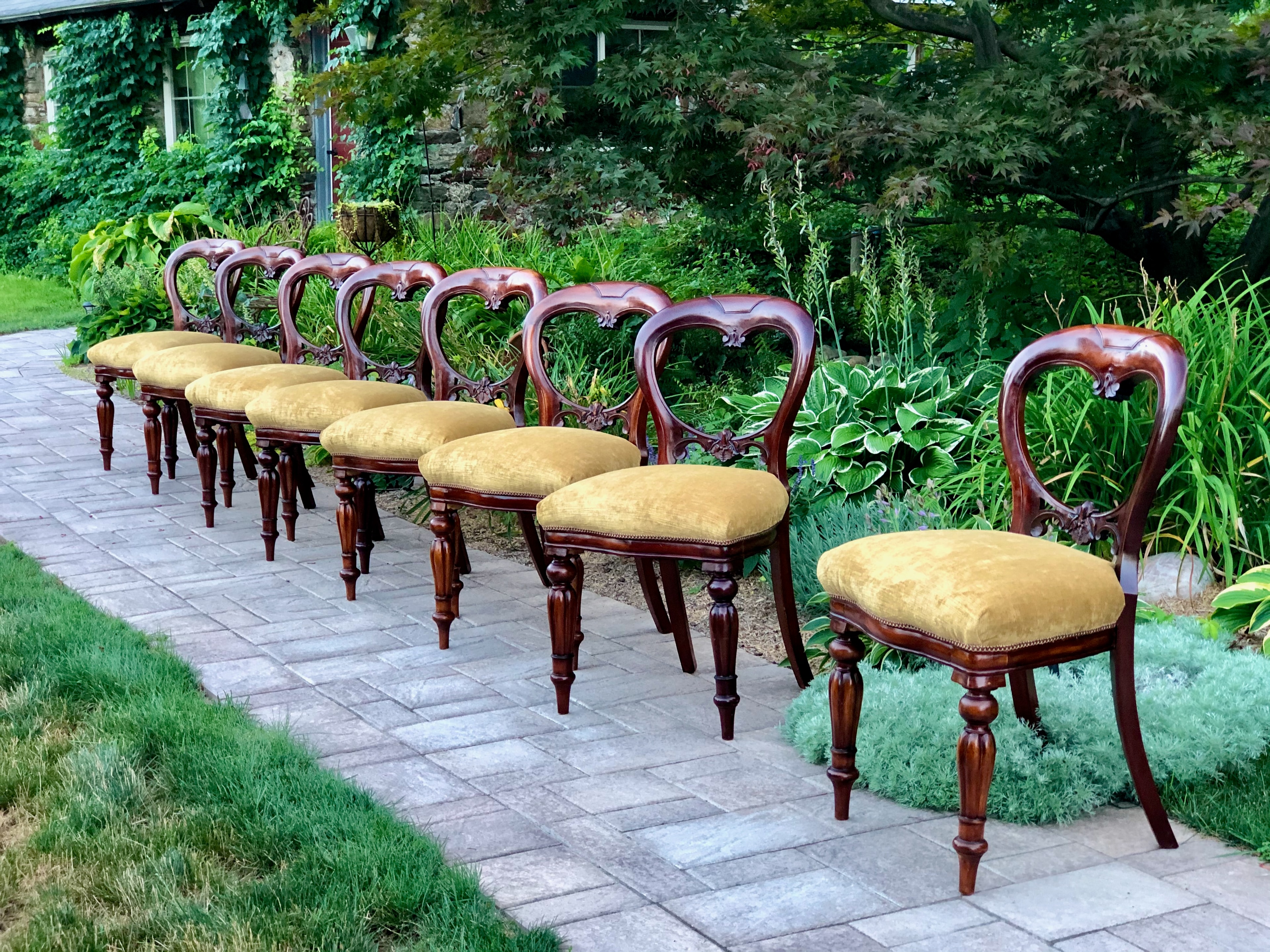 Antique dining chairs with velvet seats on garden patio